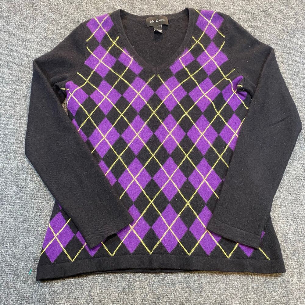 McDuff Womens Small Black Purple Argyle Print 100% Cashmere Pullover Sweater